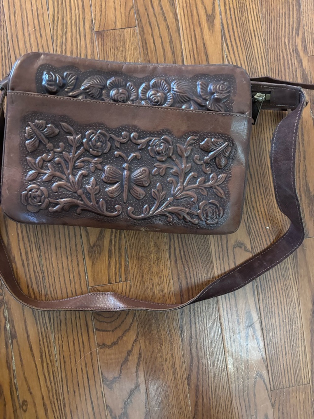Handcrafted Brown Floral Tooled Leather Crossbody Bag